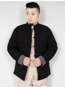 Mens Thickened Cotton Jacket Autumn Winter Fashion Urban Style Warmth Stand Collar Chinese Style Coat Button Decoration Side Seam Pocket