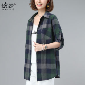 Pure Cotton Plaid Casual Shirt Womens Midi Loose Fit Spring Autumn Thin Cardigan Outerwear for Middle-Aged Mothers