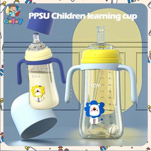 Baby PPSU Silicone Grade Fall-Resistant Milk Bottle With Lovely Animal Painting Newborn Wide Neck Training Milk Bottle 300ML Botol Susu
