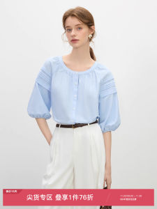 French Style Cotton Feel Linen Short Sleeve round Neck Womens Shirt Lantern Sleeve Shirt Summer New Arrival Van Si Lan En