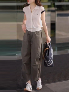 Shalldoer | Fashionable Knitted Short Sleeve Set For Women Summer Turn-down Collar Color Block Wide Leg Casual Pants Two-piece Suit