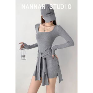 สไตล์เกาหลี ผู้หญิง คอยูแขนยาว เดรส เอว Cinching มีเข็มขัด กระโปรงสั้น เซ็กซี่ สไตล์สปอร์ต สไตล์ ฤดูใบไม้ร่วง ฤดูหนาว แฟชั่น เดรส