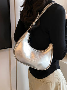 Silver Fashion Shoulder Bag Womens Crossbody Underarm Bag Summer 2025 New Style Handbag Soft PU Leather Pure Color