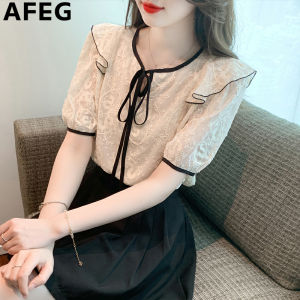 AFEG new Korean version V-neck bow fashion loose all match clash color lace short-sleeved blouse