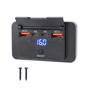 12V USB Outlet Panel Wall Mount USB-C & Dual QC 3.0 Car Charger Socket with Button Switch for Car Bus RV Truck Boat