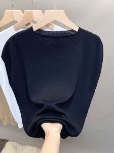 Ice Silk Knitted Top Womens Summer Thin Short Sleeve round Neck Pure Color Slimming T-Shirt Upper Body 2024 New Style Commute