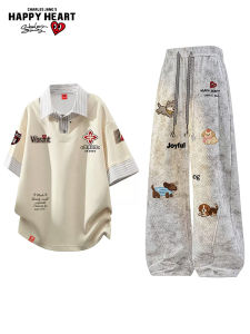CHARLES JANGS HAPPY HEART | Breathable Cartoon Emblem T-Shirt and Long Pants Set
