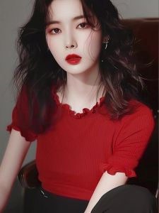 Red Ice Silk Knitted Short Sleeve T-Shirt Womens Fashion Summer Slim Fit Floral Edge Top Commute Simple Style Single Piece