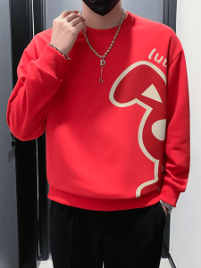 เสื้อฮู้ดคอกลมสีแดงสำหรับผู้ชาย ฤดูใบไม้ผลิและฤดูใบไม้ร่วง เสื้อผ้าสัตว์ป่าปี 2023 คอกลมแบบหนา ทรงเข้ารูป ผ้าฝ้ายผสมโพลีเอสเตอร์