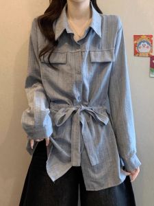 Unique Large Size Womens Shirt Tie Dye Long Sleeve Waist Cinching Belly Covering Early Autumn 2025 New Style Vintage Polo Neck