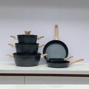 Bộ nồi chảo vân đá 6 món chống dính cao cấp Mitomo Queen Time dùng cho bếp từ bếp ga - Hàng chính hãng