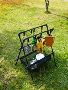 Outdoor Camping Foldable Storage Rack Multifunction Tableware Tripod Storage Shelf With Drying Net
