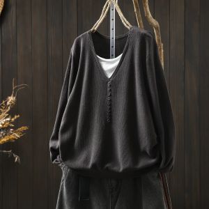 เสื้อสเวตเตอร์คอวีแขนยาวผ้าฝ้ายสไตล์วินเทจสำหรับผู้หญิง ชุดชั้นในฤดูใบไม้ผลิและฤดูใบไม้ร่วง ชุดสองชิ้นปลอม ทรงหลวม แขนยาว ปกติ