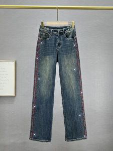Extended High Waist Loose Fit Embroidered Rhinestone Denim Pants Womens Wide Leg Jeans Trendy Cotton Stretch Fall Season