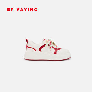EP YAYING Limited Edition Lucky White Thick Heel Womens Shoes Casual Fashion Splicing Color Block Sheep Leather Inner mid Spring