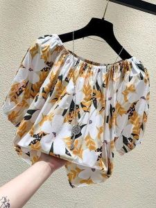 Áo Thun Tay Ngắn in Hoa Cổ Chữ V Thời Trang Mùa Hè Cho Nữ Áo Sơ Mi Rộng Rãi Chất Liệu Polyester Dáng Rộng Tay Bồng