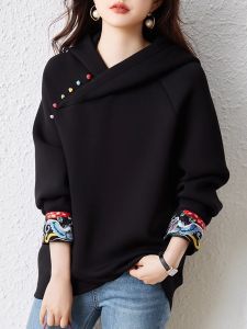 Loose Fit Hoodie Womens Large Size Embroidered Black September Stray Ink Style New Chinese Style Top for Autumn Fashion