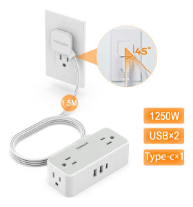 TESSAN Ultra Flat Plug Power with 4 Multiple Outlets 3 USB Ports(1 USB C) 1.5M Thin Flat Extension Cord Indoor with USB C 5 Feet Small Power Strip Wall Mountable for Cruise Ship Home Office Dorm Room