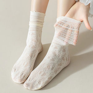 3 Pairs Womens Summer Thin Lace Trim Mid-Calf Socks with Handbag Small Leather Shoes Casual Simple Style Sport Outdoor Bags