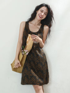 Miccbeirn | Retro Print Silk Vest Dress Scented Cloud Silk Sleeveless U-neck Backless True Silk Strap Midi Skirt Vintage Floral Print Gown