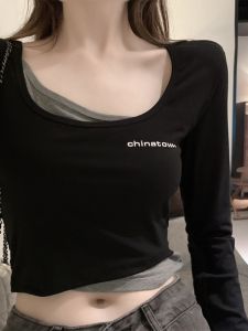 Áo Thun Nữ Tay Dài Hở Vai Thời Trang Mùa Thu 2025 Áo Thun Ngắn Gợi Cảm Thiết Kế Lót Hai Mảnh Áo Thun Nữ Dáng Ôm Cổ Chữ U