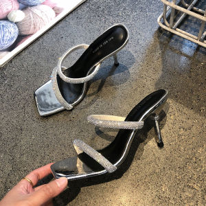 Giày Cao Gót Hở Mũi Phong Cách Hàn Quốc Cho Nữ Mùa Hè 2025 Giày Lười Đính Đá Rhinestone Gợi Cảm Giày Đế Bằng Thường Ngày