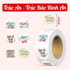 (Giao đơn từ 30k) 100 tem dán Happy New Year sticker Tết Chúc Mừng Năm Mới tròn đường kính 2.5cm có sẵn keo dán mặt sa