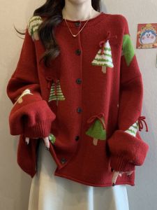 plus Size Christmas Tree Pattern Knitted Sweater Coat Womens Loose Thickened Autumn Winter Open Cardigan Top Korean Style