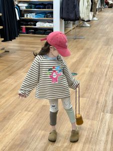 Cute Cartoon Stripe T-Shirt for Girls Spring New Style Kindergarten Children Baby Clothing Casual Loose Fit Long Sleeve round Neck