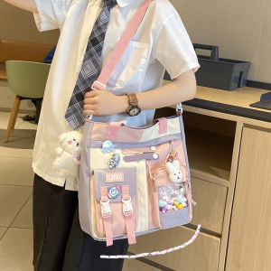 Cute Canvas Shoulder Bag Large Capacity Handbag for Women University Students Casual Nylon Fabric Foldable Vertical Square Shape