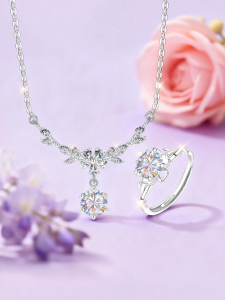 East Beauty | Sterling Silver Flower & Moissanite Necklace Ring Set