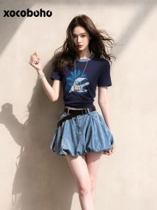 xocoboho | Stylish Summer Outfit Short Sleeve T-Shirt and Denim Pleated Skirt Set