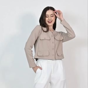 QUEENTIN Cardigan Crop V Neck Wanita 0435 Stretch Brickwork Vertical Knit Polos Lengan Panjang