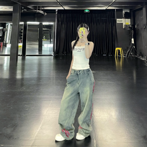 High Waist Wide Leg Jeans Womens Distressed Loose Fit Striped Patchwork Denim Pants American High Street Style Fall Fashion