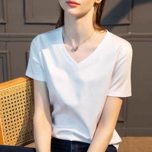 Summer Womens White Silk Cotton V-Neck Loose Fit Short Sleeve T-Shirt Base Shirt Top Comfortable Breathable Slimming Effect