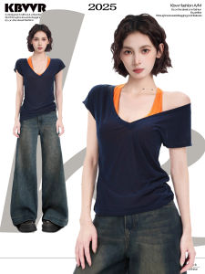 KBVVR | Asymmetrical Shoulder V-Neck Short Sleeve T-Shirt