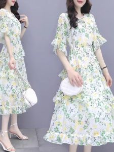 Váy Voan Hoa Tay Ngắn Mùa Hè 2024 Cho Nữ Váy Midi Thon Gọn Thời Trang Váy Chữ a Cổ Tròn Váy Ngắn