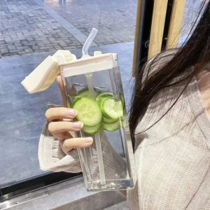Flat Plastic Cup Transparent Straw Cup Simple Design Student Trendy Beverage Container Creative Ins Square Cup for Couples