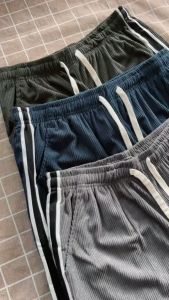 ZEKE B0033 men loose Wide Leg Pants Elastic Waist Pants Stripe decoration corduroy long pants for men