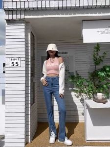 Split jeans women light light slightly elevated waist slim autumn 2023 new wide legs small horn pants