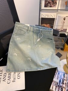 อินเทรนด์ เดนิม ปมผีเสื้อสูง เอว พรางหุ่น ทรงเอ มินิ กระโปรง สําหรับผู้หญิงสีน้ําเงินอ่อนความยาวสั้น