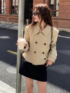 QFN | Fashionable Turn-Down Collar Double-Breasted Short Retro Slim Waist Top