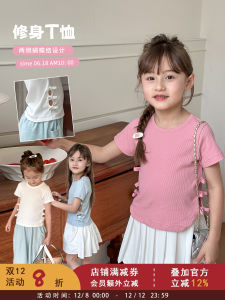 Sweet Cute Girls T-Shirt with Side Bow Design Slim Fit Short Sleeve Summer Cotton Top for Babies And Children