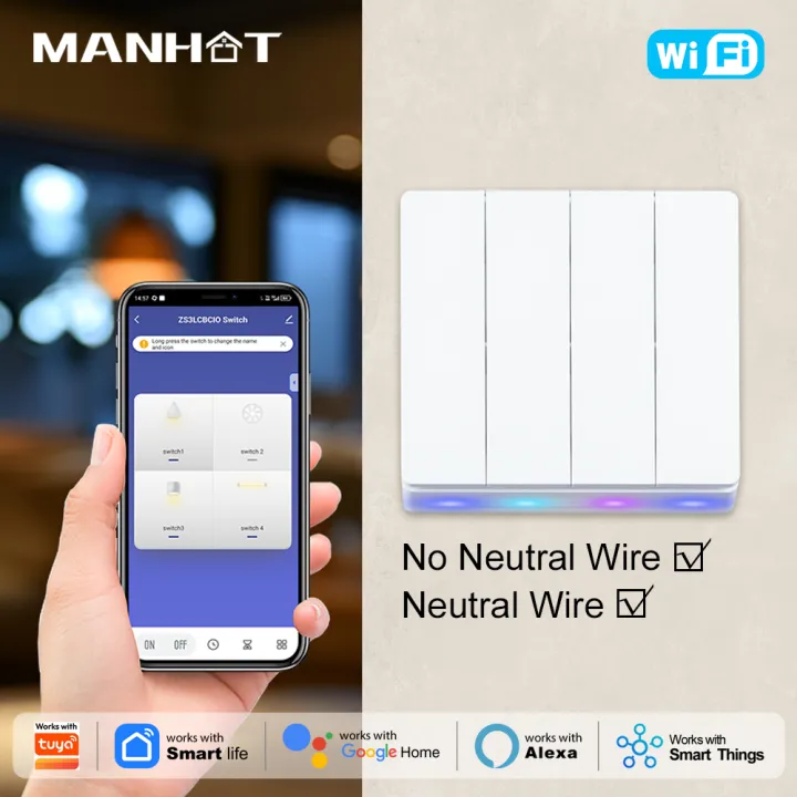 MANHOT WiFi Smart Light Switch No Neutral Wire Required 1/2/3/4 Gang Voice Control Work with Tuya Smart Life Alexa Google Home