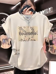 Summer Large Size Slim Fit Waist-Conscious Mini Sleeve T-Shirt for Women with Creative K-Style Design and Regular Sleeve Length