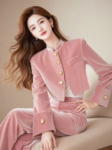 Pink Velvet Jacket And Wide Leg Pants Set for Young Women Fashionable Trendy Outfit Autumn Collection Button Closure Long Sleeve