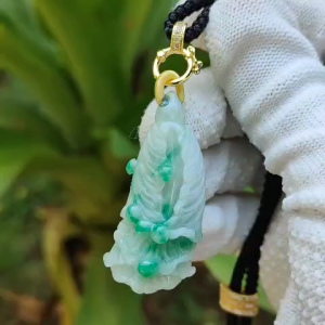 Rare Translucent Near White with Green Patches Natural Type A Jadeite pendant with NGI Gemstone report weight 72.19 grams 44.87 * 20.83 * 14.52 mm carved as cabbage with Gravity at 3.33 fine grain crystal aggregate suitable for daily wear (pendant127)