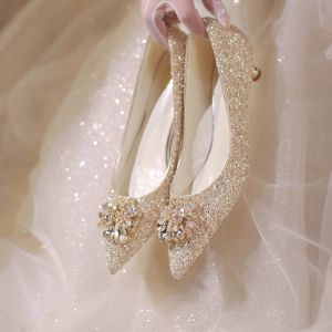 Low Heel Flat Wedding Shoes Crystal Champagne Color Comfortable Two-Way Wear Princess Style Fashion Single Shoes for Women
