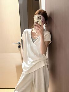 SHUQINGLAI | V-neck Straight-Shoulder Short Sleeve Loose Design T-Shirt