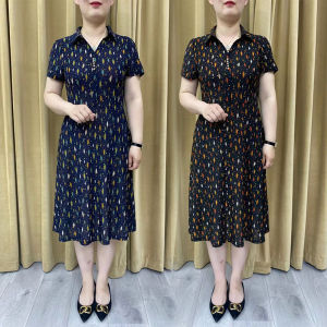 ชุดฤดูร้อนสำหรับคุณแม่วัยกลางคนชุดเดรสปกเชิ้ตแขนสั้นชุดเดรสสวมหัวผ้ายืดเข้ารูปแฟชั่นสไตล์ตะวันตกใส่แล้วดูผอมเพรียวแบบใหม่